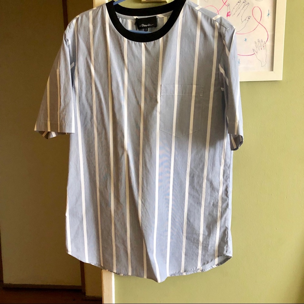 Baby blue, oversized, striped shirt